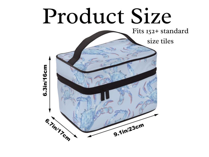 May include: A rectangular makeup bag with a blue crab pattern. The bag has a black handle and zipper. It measures 9.1 inches by 6.7 inches by 6.3 inches. The text "Product Size" and "Fits 152+ standard size tiles" are visible.