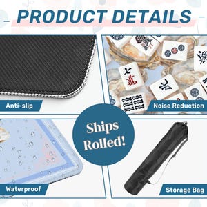 May include: Product details image with close-ups of a black anti-slip surface, waterproof material, and a storage bag. The image also shows Mahjong tiles and highlights noise reduction features.