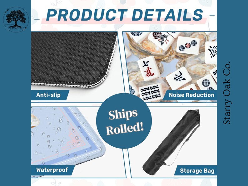 May include: Product details image with close-ups of a black anti-slip surface, waterproof material, and a storage bag. The image also shows Mahjong tiles and highlights noise reduction features.