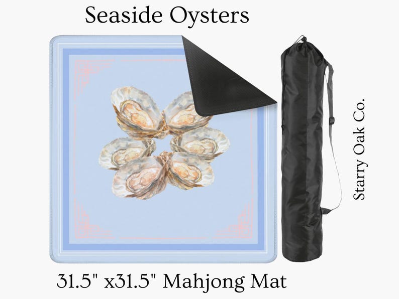 May include: A 31.5" x 31.5" Mahjong mat featuring a light blue background with a border and a central design of oysters. The mat has the text "Seaside Oysters" at the top. A black carrying bag is on the right.