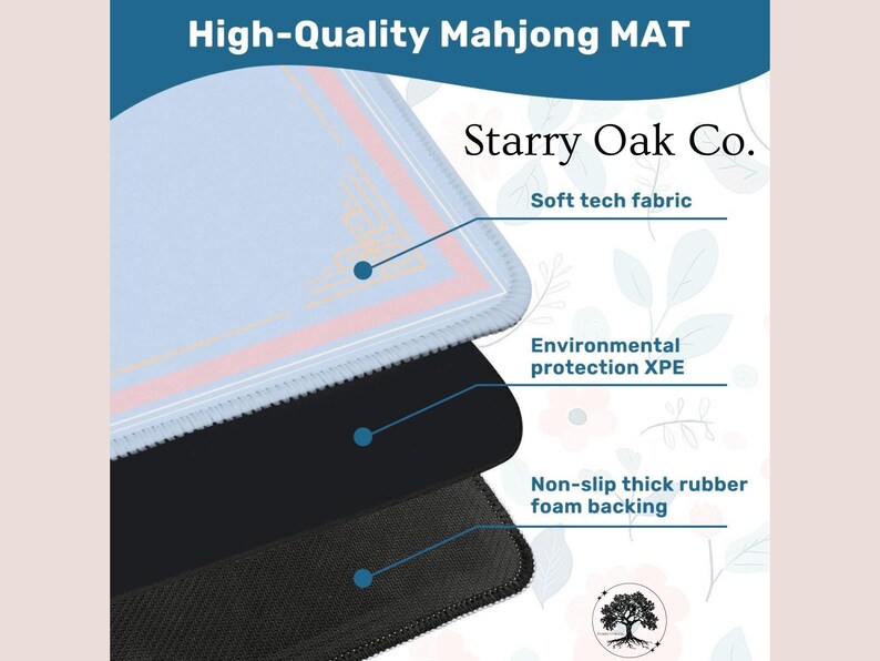 May include: A layered Mahjong mat with a light blue top layer, a black middle layer, and a textured black bottom layer. The mat features the text "High-Quality Mahjong MAT" and "Starry Oak Co." with details about the fabric and backing.