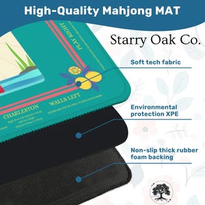 May include: A high-quality Mahjong mat with a teal top layer featuring a floral design and text. The mat has a soft tech fabric, environmental protection XPE, and a non-slip thick rubber foam backing. The text "High-Quality Mahjong MAT" is at the top.