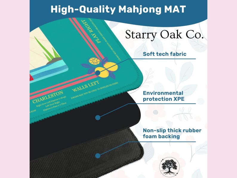 May include: A high-quality Mahjong mat with a teal top layer featuring a floral design and text. The mat has a soft tech fabric, environmental protection XPE, and a non-slip thick rubber foam backing. The text "High-Quality Mahjong MAT" is at the top.