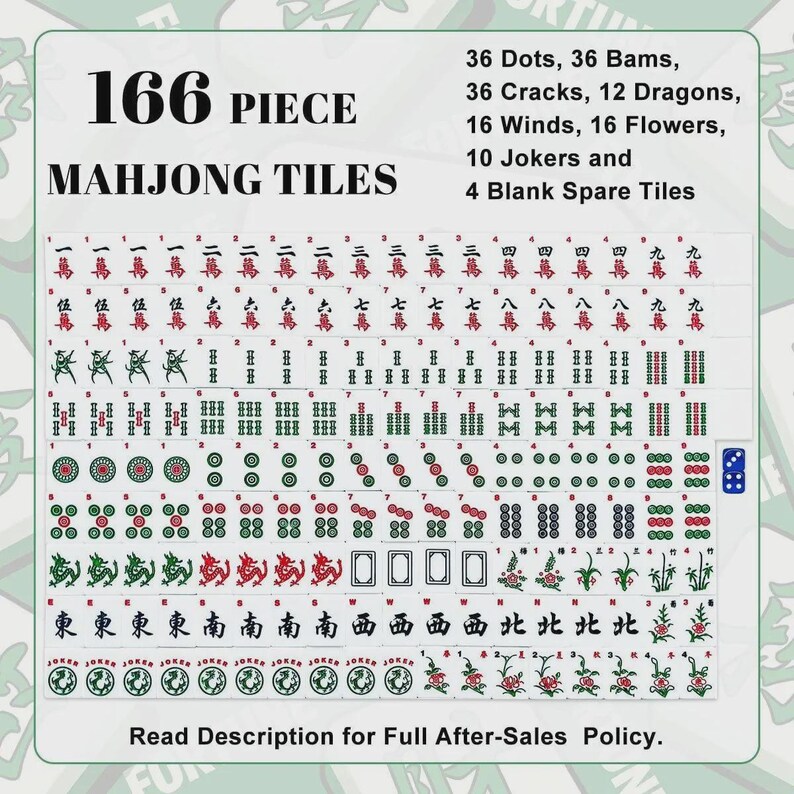 May include: A 166-piece Mahjong tile set. The tiles are arranged in rows, displaying various symbols and characters in red, green, and black. The set includes dots, bams, cracks, dragons, winds, flowers, jokers, and blank spare tiles. The text "166 PIECE MAHJONG TILES" is at the top.