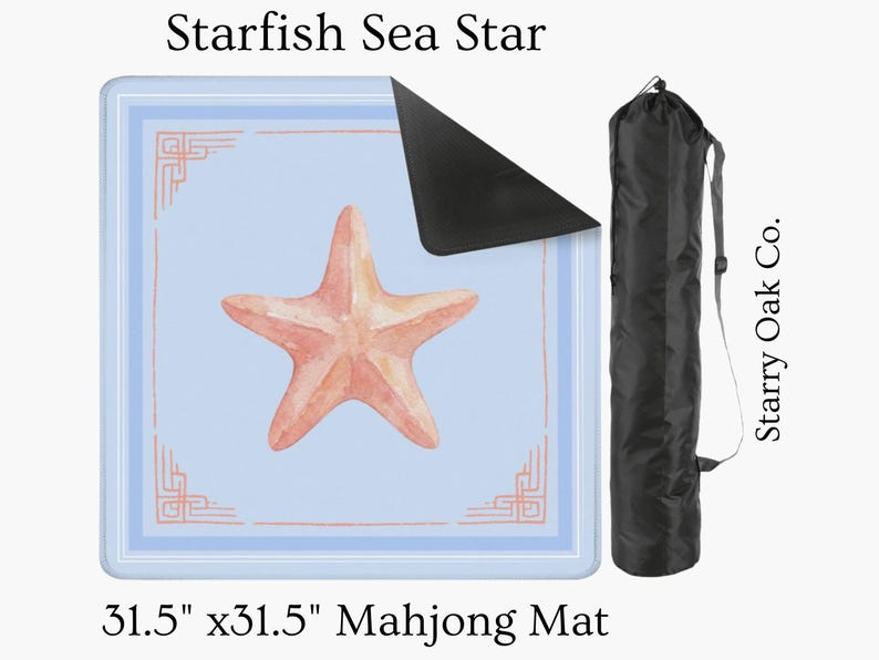 May include: A square Mahjong mat, 80 cm by 80 cm, features a light blue background with a watercolor starfish design. The mat has a decorative border and is accompanied by a black carrying case. Text on the mat reads "Starfish Sea Star".