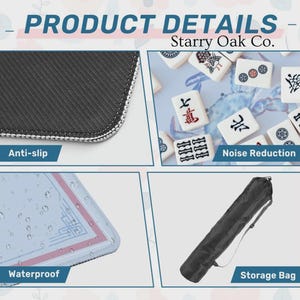 Puede incluir: Imagen de detalles del producto con primeros planos de una esterilla de mahjong. Incluye caracter&iacute;sticas antideslizantes, reducci&oacute;n de ruido e impermeabilidad. Tambi&eacute;n se muestra una bolsa de almacenamiento. El texto "Starry Oak Co." es visible.