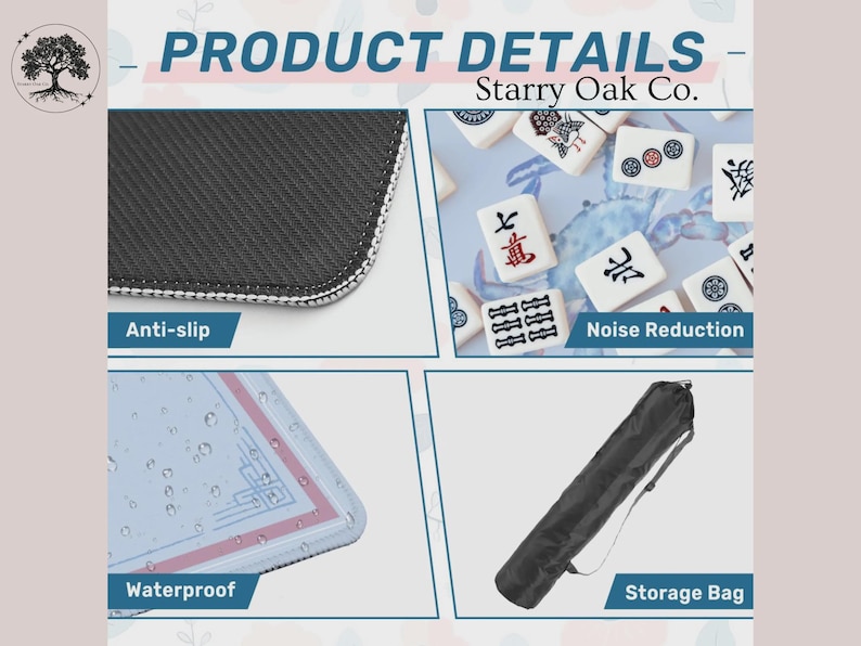 Puede incluir: Imagen de detalles del producto con primeros planos de una esterilla de mahjong. Incluye caracter&iacute;sticas antideslizantes, reducci&oacute;n de ruido e impermeabilidad. Tambi&eacute;n se muestra una bolsa de almacenamiento. El texto "Starry Oak Co." es visible.