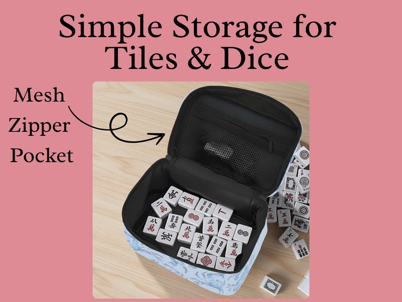 May include: Open black storage case with a mesh zipper pocket, filled with white tiles featuring red and black symbols. The case is open, revealing the contents, with additional tiles scattered nearby. Text reads: Simple Storage for Tiles & Dice.