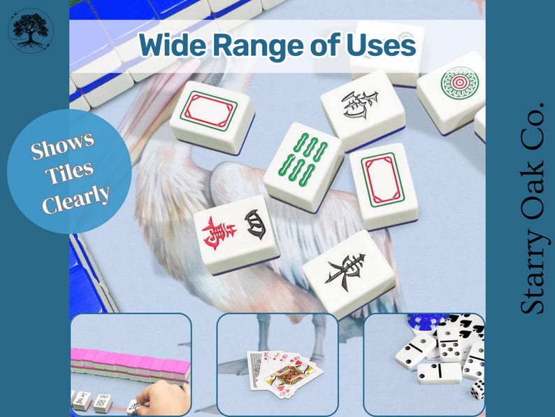 May include: A collection of white Mahjong tiles with various symbols and designs, including red, green, and black markings. The image also shows playing cards and dominoes, with the text "Wide Range of Uses" and "Shows Tiles Clearly".