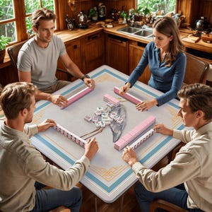 May include: A square mahjong table with a light blue and gold border, surrounded by four people playing the game. The table has a light gray surface with a bird illustration. Pink tile racks and tiles are visible.