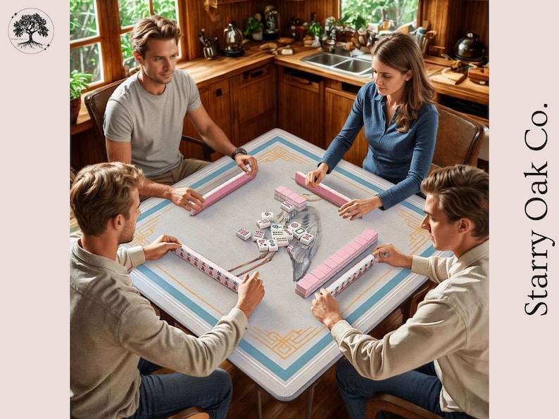 May include: A square mahjong table with a light blue and gold border, surrounded by four people playing the game. The table has a light gray surface with a bird illustration. Pink tile racks and tiles are visible.