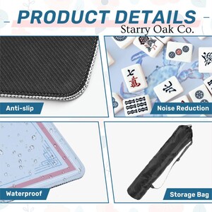 Puede incluir: Imagen de detalles del producto con el texto "PRODUCT DETAILS" y "Starry Oak Co.". La imagen muestra una superficie antideslizante negra, fichas de Mahjong, una superficie impermeable y una bolsa de almacenamiento negra.