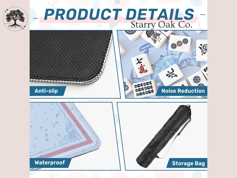 Puede incluir: Imagen de detalles del producto con el texto "PRODUCT DETAILS" y "Starry Oak Co.". La imagen muestra una superficie antideslizante negra, fichas de Mahjong, una superficie impermeable y una bolsa de almacenamiento negra.