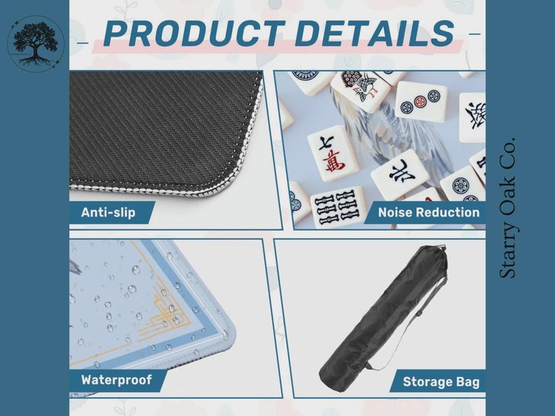 May include: Product details image showing an anti-slip surface, noise reduction, waterproof design, and a storage bag. The image includes the text "PRODUCT DETAILS" and "Starry Oak Co."