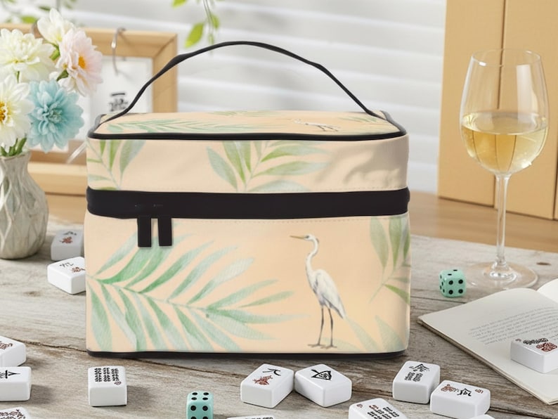Mahjong Tile Bag Set, Palm Beach Mahjong Storage, Coastal Mahjong Travel Case, Egret Palm Leaf Mahjong Organizer, Preppy Mahjong Host Gift 画像 1