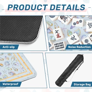 K&ouml;nnte beinhalten: Produktbild mit Details. Das Bild zeigt eine Nahaufnahme einer schwarzen, rutschfesten Oberfl&auml;che, wei&szlig;e Mahjong-Steine, eine wasserdichte Oberfl&auml;che mit Muscheldesign und eine schwarze Aufbewahrungstasche. Der Text im Bild lautet "Product Details", "Anti-slip", "Noise Reduction", "Waterproof" und "Storage Bag".