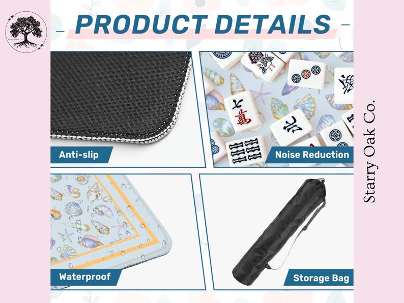K&ouml;nnte beinhalten: Produktbild mit Details. Das Bild zeigt eine Nahaufnahme einer schwarzen, rutschfesten Oberfl&auml;che, wei&szlig;e Mahjong-Steine, eine wasserdichte Oberfl&auml;che mit Muscheldesign und eine schwarze Aufbewahrungstasche. Der Text im Bild lautet "Product Details", "Anti-slip", "Noise Reduction", "Waterproof" und "Storage Bag".