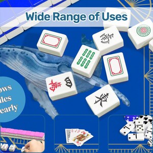 May include: A collection of white Mahjong tiles with various symbols and designs, arranged on a blue surface with a whale illustration. The image includes the text "Wide Range of Uses" and "Shows Tiles Clearly".