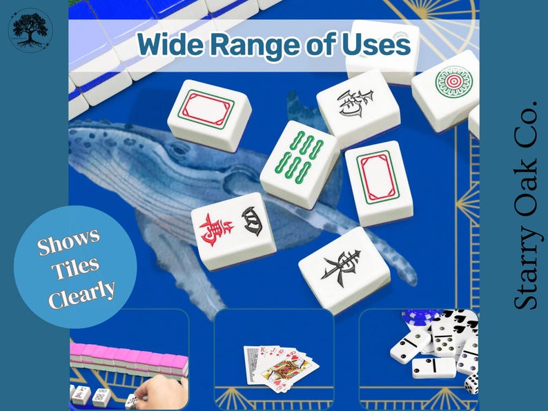 May include: A collection of white Mahjong tiles with various symbols and designs, arranged on a blue surface with a whale illustration. The image includes the text "Wide Range of Uses" and "Shows Tiles Clearly".