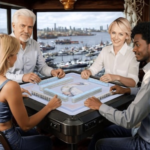 May include: Four people are gathered around a black mahjong table with light blue tiles. The table has a light-colored playing surface with a decorative image. The background shows a harbor with boats and a city skyline. The Starry Oak Co. logo is on the right.