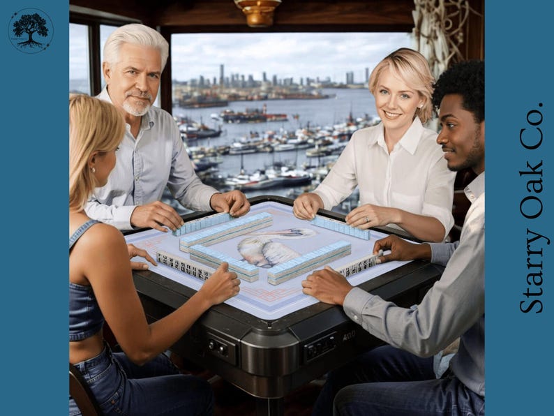 May include: Four people are gathered around a black mahjong table with light blue tiles. The table has a light-colored playing surface with a decorative image. The background shows a harbor with boats and a city skyline. The Starry Oak Co. logo is on the right.