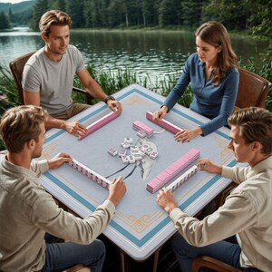 May include: A group of four people playing Mahjong around a square table. The table has a light blue surface with a decorative border. Pink Mahjong tiles and racks are visible. The game is set outdoors near a lake.