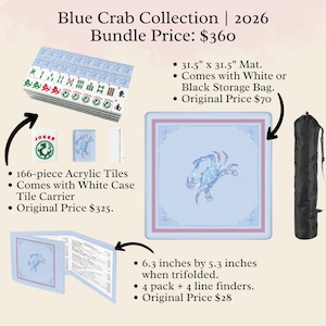 Puede incluir: La colecci&oacute;n Blue Crab incluye un juego de 166 fichas acr&iacute;licas, una esterilla de 80 x 80 cm y una bolsa de almacenamiento blanca o negra. El conjunto tambi&eacute;n cuenta con un portafichas y un juego de tarjetas tr&iacute;pticas de 16 x 13,5 cm con buscadores de l&iacute;neas.