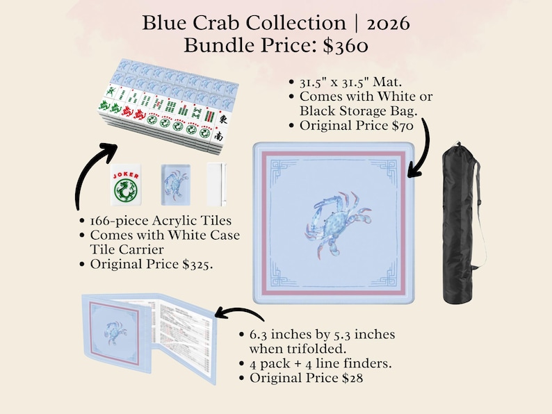 Puede incluir: La colecci&oacute;n Blue Crab incluye un juego de 166 fichas acr&iacute;licas, una esterilla de 80 x 80 cm y una bolsa de almacenamiento blanca o negra. El conjunto tambi&eacute;n cuenta con un portafichas y un juego de tarjetas tr&iacute;pticas de 16 x 13,5 cm con buscadores de l&iacute;neas.