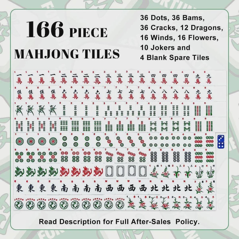 Puede incluir: Un juego de 166 fichas de Mahjong con varios s&iacute;mbolos y caracteres. Las fichas est&aacute;n dispuestas en filas, mostrando puntos, bams, grietas, dragones, vientos, flores, comodines y fichas de repuesto. El texto dice "Read Description for Full After-Sales Policy."