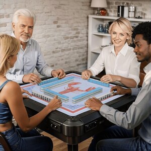 May include: A group of four people playing Mahjong. The game is set on a black table with a red and white patterned surface. The tiles are blue and white. The players are smiling and engaged in the game.