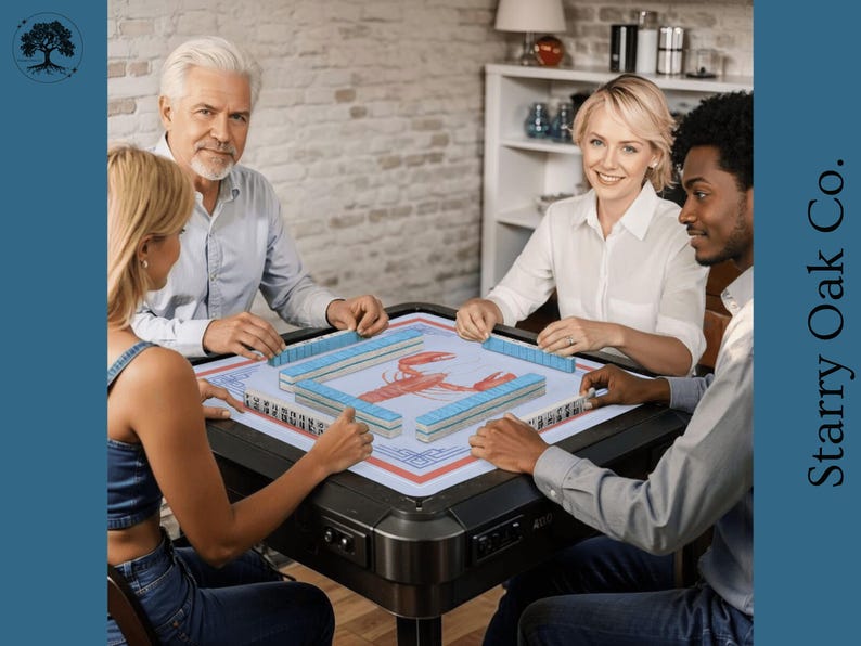 May include: A group of four people playing Mahjong. The game is set on a black table with a red and white patterned surface. The tiles are blue and white. The players are smiling and engaged in the game.