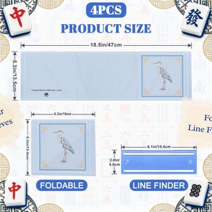 May include: A light blue Mahjong set with four sleeves, four line finders, and product size details. The set includes a heron illustration and is foldable. Measurements are provided in inches and centimeters.