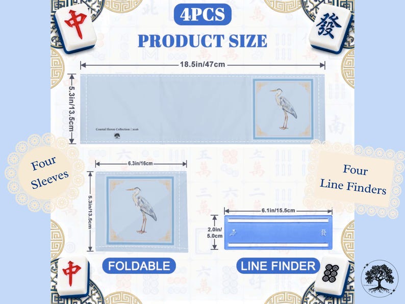 May include: A light blue Mahjong set with four sleeves, four line finders, and product size details. The set includes a heron illustration and is foldable. Measurements are provided in inches and centimeters.