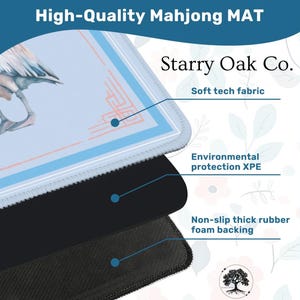 May include: High-quality Mahjong MAT with a soft tech fabric, environmental protection XPE, and non-slip thick rubber foam backing. The mat features a light blue and white design with the text "Starry Oak Co."
