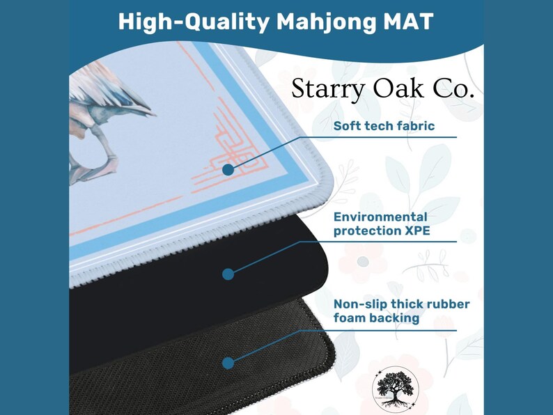 May include: High-quality Mahjong MAT with a soft tech fabric, environmental protection XPE, and non-slip thick rubber foam backing. The mat features a light blue and white design with the text "Starry Oak Co."