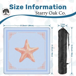 May include: A square, pale blue mat featuring a starfish design, 80cm on each side. A black carry bag is shown, 85cm tall and 18cm wide. The text "Size Information" and "Starry Oak Co." are visible.