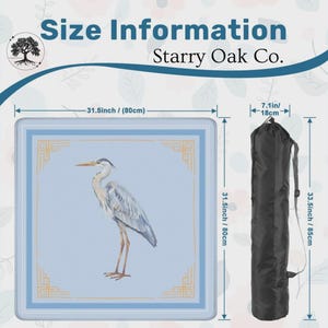 May include: A square, light blue mat with a heron illustration, measuring 31.5 inches (80cm) on each side. It includes a black carrying bag, 33.5 inches (85cm) long, and the text "Size Information Starry Oak Co."