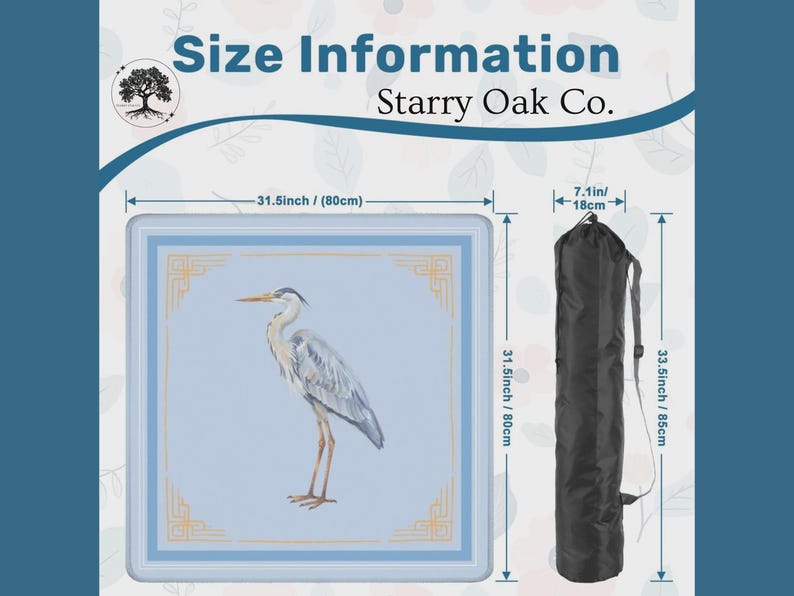 May include: A square, light blue mat with a heron illustration, measuring 31.5 inches (80cm) on each side. It includes a black carrying bag, 33.5 inches (85cm) long, and the text "Size Information Starry Oak Co."
