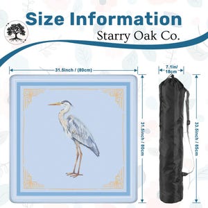 May include: A light blue square mat with a heron illustration, measuring 31.5 inches (80cm) on each side. It includes a black carrying bag, 33.5 inches (85cm) long, with a 7.1 inch (18cm) diameter. The text "Size Information" and "Starry Oak Co." are displayed.