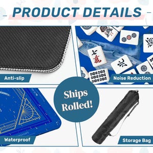 May include: Product details image with close-ups of a black anti-slip surface, a blue waterproof mat with gold designs, and a black storage bag. The image also shows mahjong tiles and the text "Noise Reduction".
