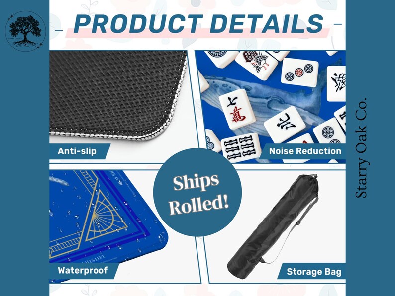 May include: Product details image with close-ups of a black anti-slip surface, a blue waterproof mat with gold designs, and a black storage bag. The image also shows mahjong tiles and the text "Noise Reduction".