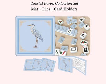 Coastal Heron Mahjong Set Bundle, Mat Card Holder Tiles, American Mah Jongg Accessories Gift, Complete Mahj Travel Set, Game Hostess Set