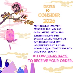 May include: A decorative graphic with the text "DATES TO CONSIDER 2026" and a list of holidays, including Mother's Day, Memorial Day, and Independence Day. The image features a pink lantern and stylized floral elements.