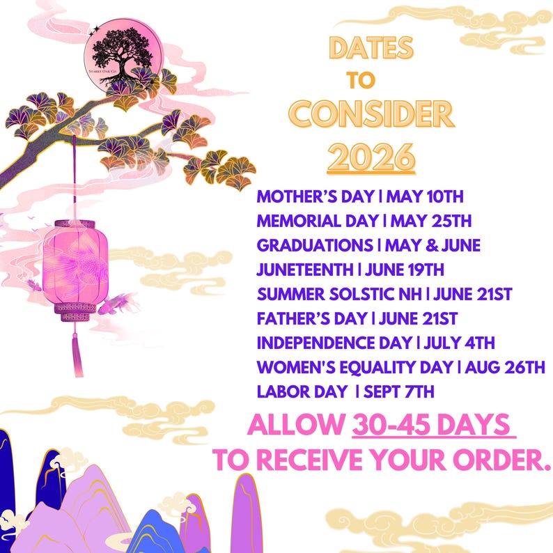 May include: A decorative graphic with the text "DATES TO CONSIDER 2026" and a list of holidays, including Mother's Day, Memorial Day, and Independence Day. The image features a pink lantern and stylized floral elements.