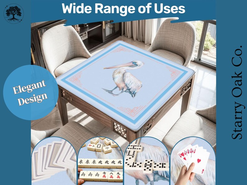 May include: Square wooden game table with a light blue surface featuring a pelican illustration. The table has a decorative border and is surrounded by chairs. The image includes the text "Elegant Design" and "Wide Range of Uses".