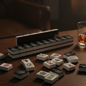 May include: A Mahjong set with black and white tiles, some scattered on a wooden table. The tiles feature Chinese characters and symbols. Two glasses of amber liquid with ice cubes are in the background. The set is ready for play.