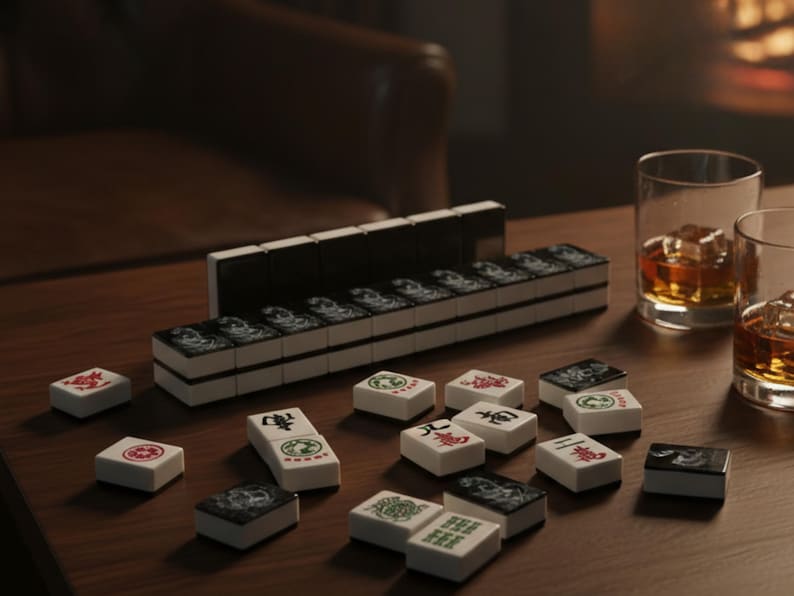 May include: A Mahjong set with black and white tiles, some scattered on a wooden table. The tiles feature Chinese characters and symbols. Two glasses of amber liquid with ice cubes are in the background. The set is ready for play.