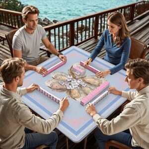 May include: A square mahjong table with a light blue and pink border is surrounded by four people. The table features a floral design in the center, and each player has a set of pink and white tiles. The game is set up for play.