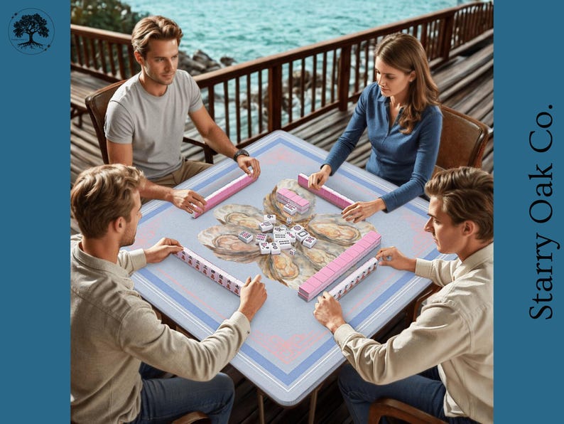 May include: A square mahjong table with a light blue and pink border is surrounded by four people. The table features a floral design in the center, and each player has a set of pink and white tiles. The game is set up for play.