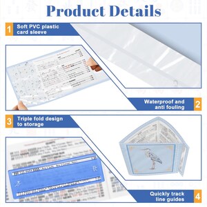 May include: Product details graphic showing a clear PVC plastic card sleeve, waterproof and anti-fouling. The design includes a triple-fold feature for storage and line guides for quick tracking. The text reads "Product Details".